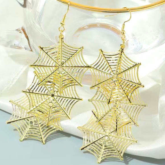 Gold Spiderweb Dangle Earrings - Picture 1 of 6